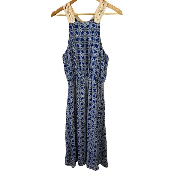 Blue Patterned Crochet Back Gathered Waist Long Dress M - Picture 1 of 10